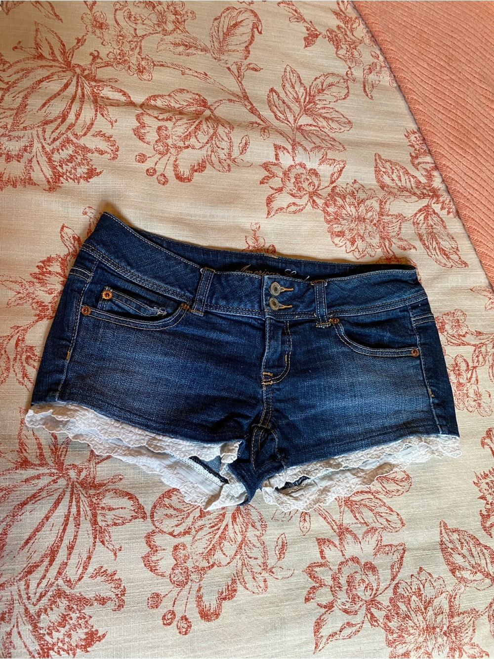 American Eagle Outfitters Dark Blue Denim Shorts with White Lace Trim